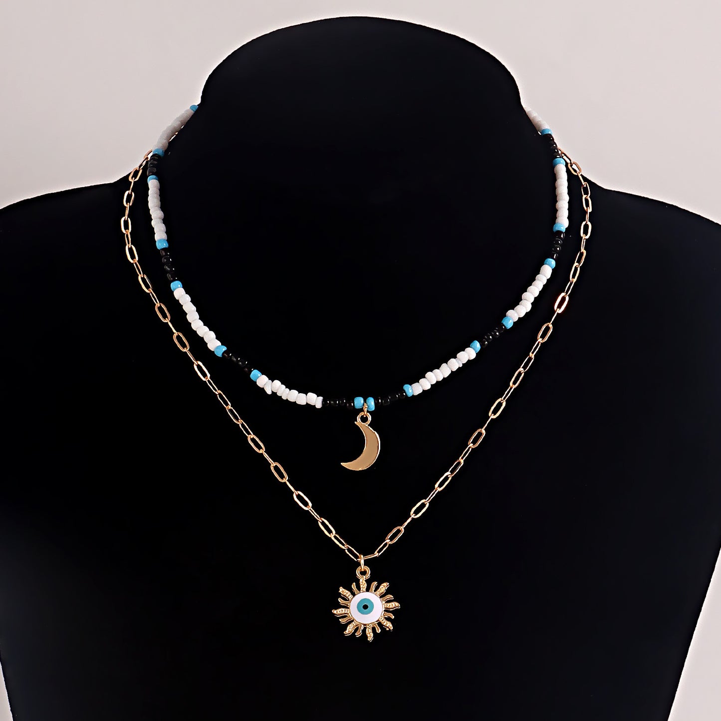 Bohemian Mixed-Color Miyu Moon and Evil Eye Pendant Necklace for Women with Alloy Construction and Electroplated Finish