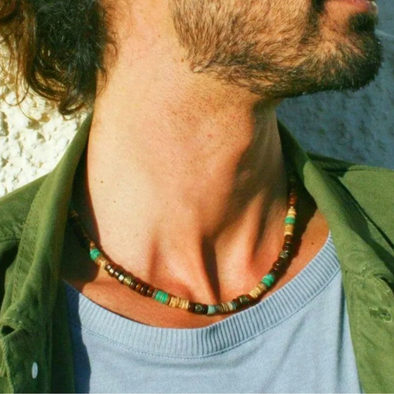 Bohemian Vintage Geometric Coconut Shell Wood Bead Handmade Alloy Necklace with Faux Pearl and Turquoise for Unisex