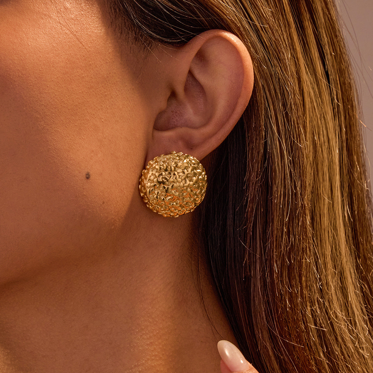 Minimalist Geometric Stainless Steel Ball Earrings with Wrinkled Texture and 18K Gold Plating for Women