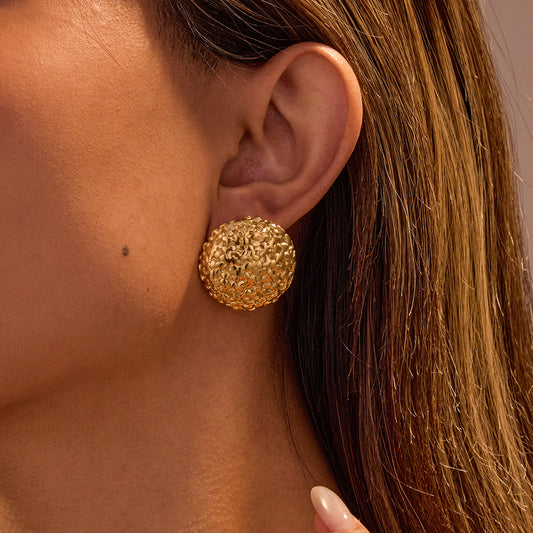 Minimalist Geometric Stainless Steel Ball Earrings with Wrinkled Texture and 18K Gold Plating for Women