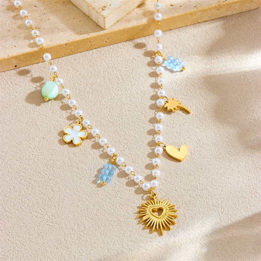 Minimalist Heart-Shaped Stainless Steel Pendant Necklace with Pearl Chain and Floral Coconut Tree Accents
