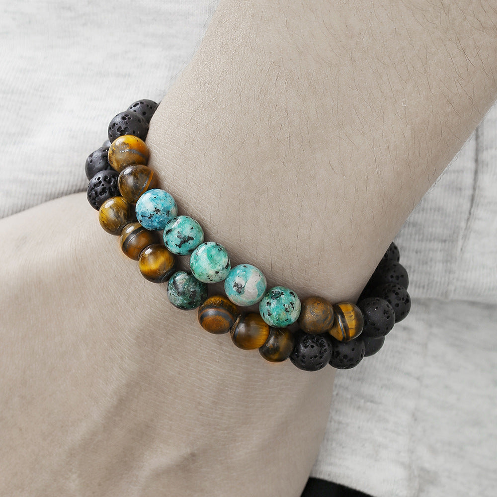 Hip-hop Geometric Natural Stone Beaded Bracelet with Agate Turquoise and Tiger Eye for Men and Women