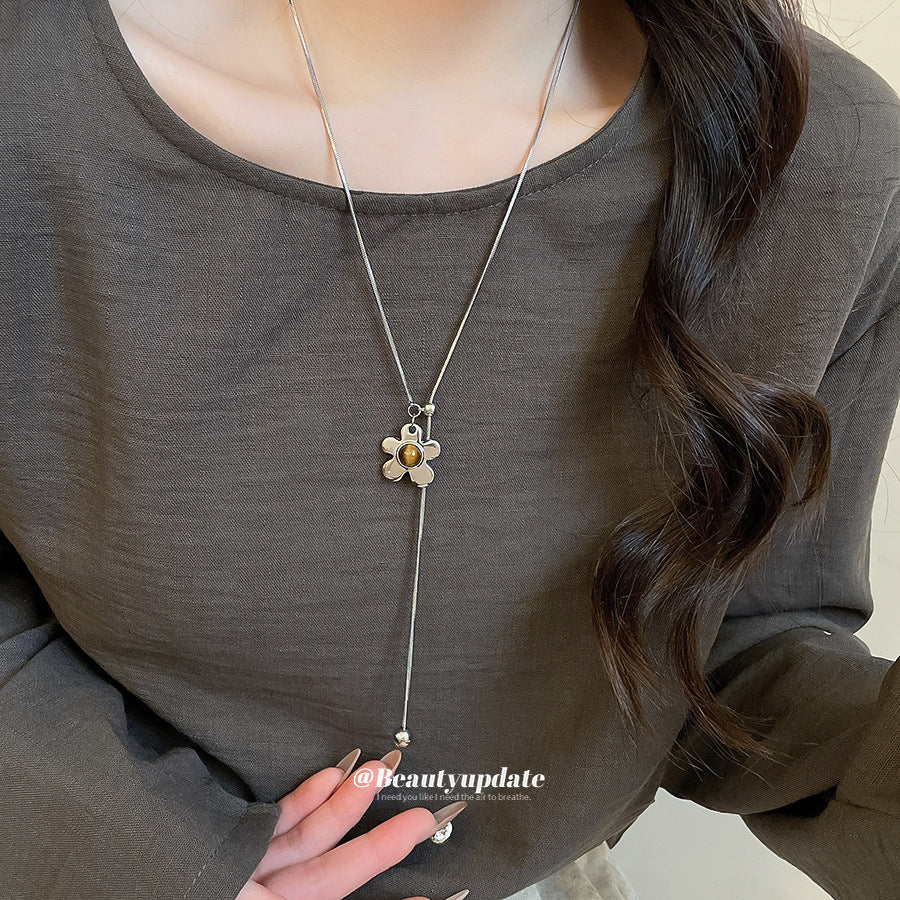 Collana con Pendente Lussuosa Occhio di Tigre Geometrica in Acciaio Inossidabile Placcato da Donna, per Abbigliamento Casual da Ufficio, Catena per Maglione