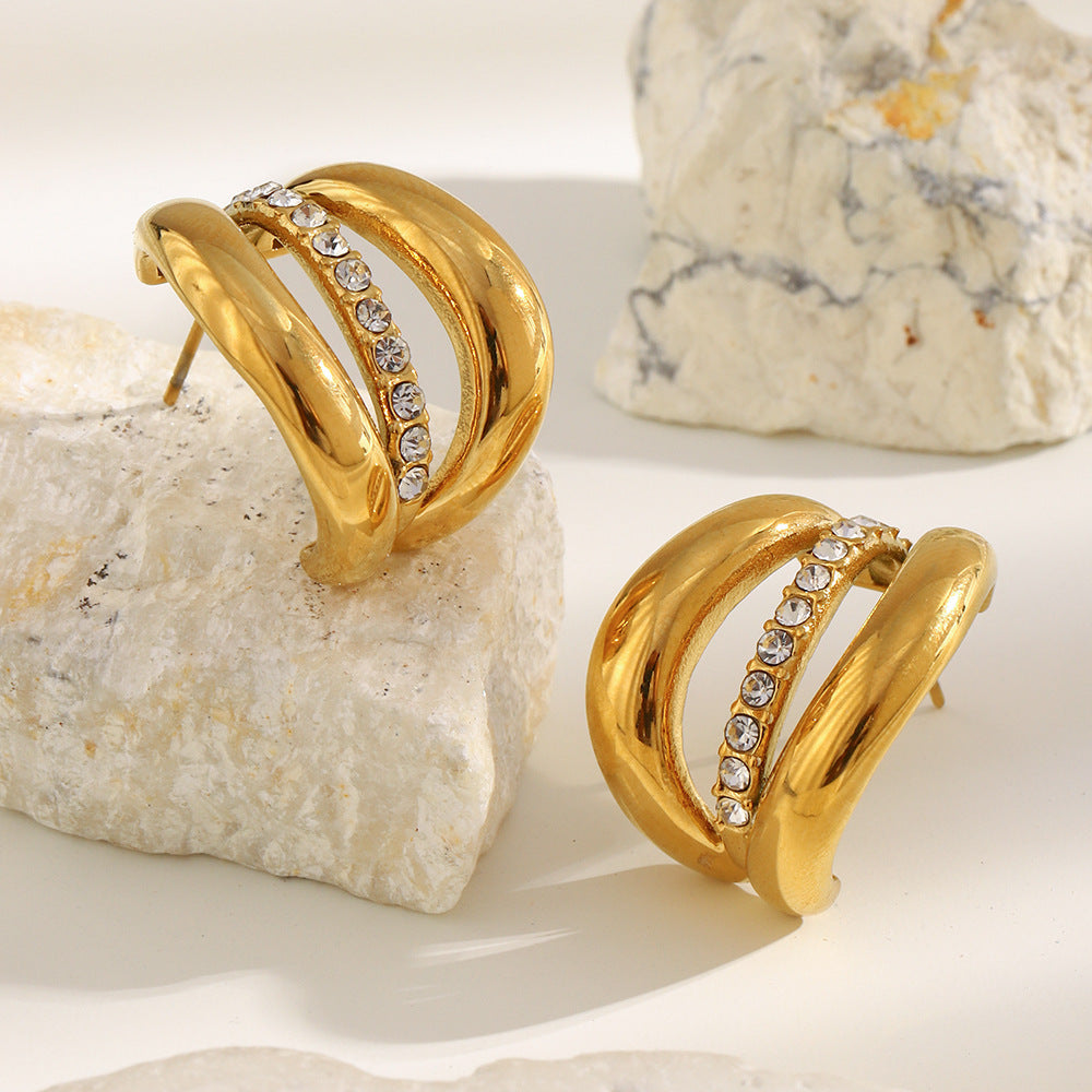 Orecchini a perno da donna geometrici minimalisti a triplo strato in acciaio inossidabile placcato oro 18 carati con strass