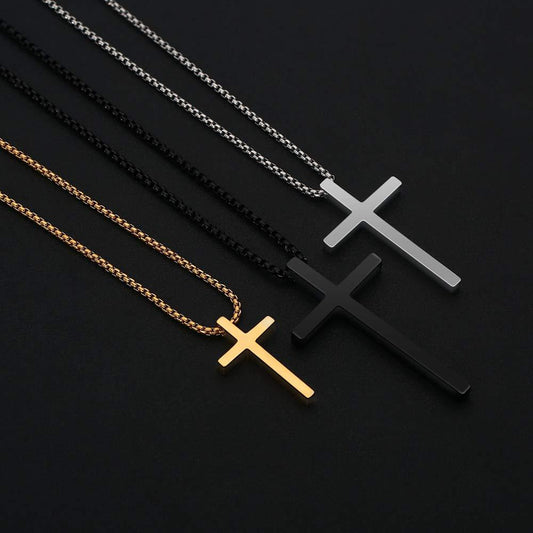 Collana con Ciondolo a Croce Minimalista in Acciaio al Titanio da Uomo con Finitura Placcata e Catena di Perle