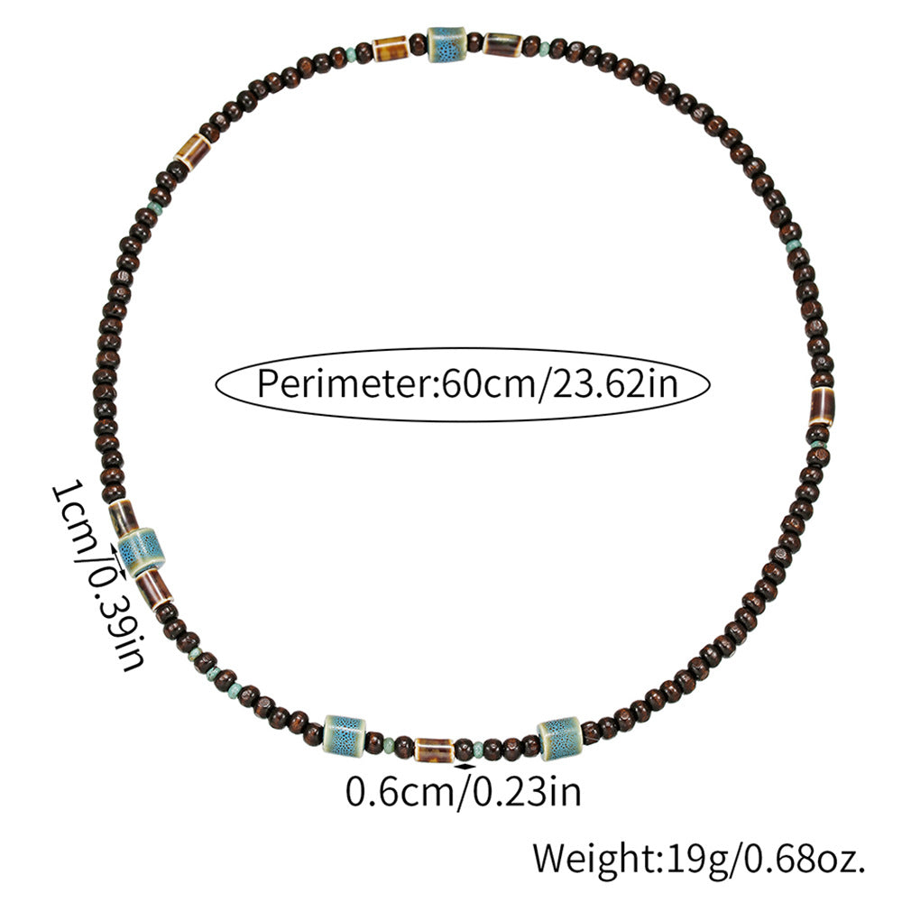Vintage Ethnic Geometric Wood and Gemstone Cable Chain Necklace for Unisex