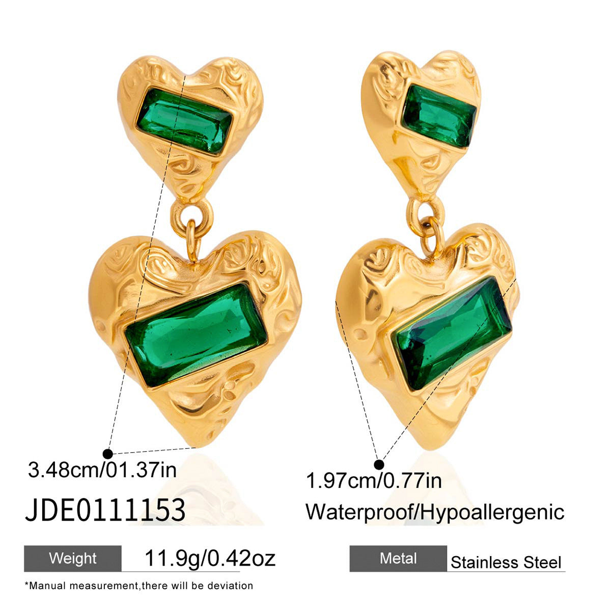Elegant Heart Geometric Stainless Steel PVD Cubic Zirconia Stud Earrings for Women