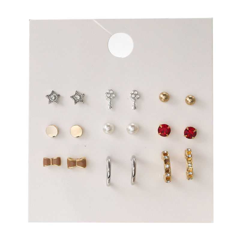 Sweet Geometric Crystal Inlay Alloy Earring Set with Stainless Steel Posts