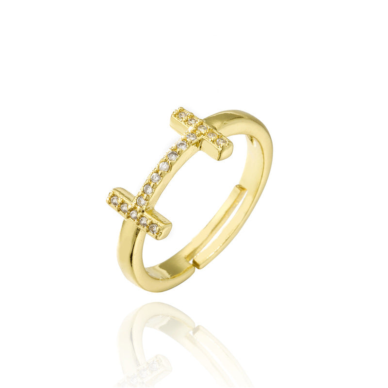 Fashion 18K Gold Plated Brass Micro-inlay Letter Ring Adjustable Open Band for Women