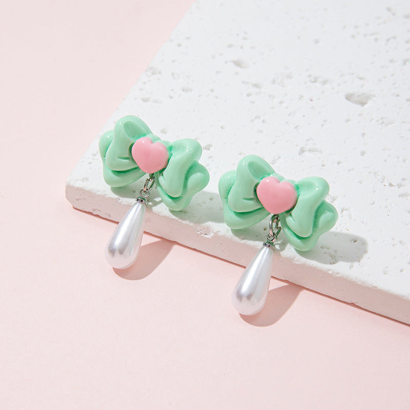 Orecchini a perno con perla a forma di fiocco, dolci e minimalisti, gioielli per bambine alla moda