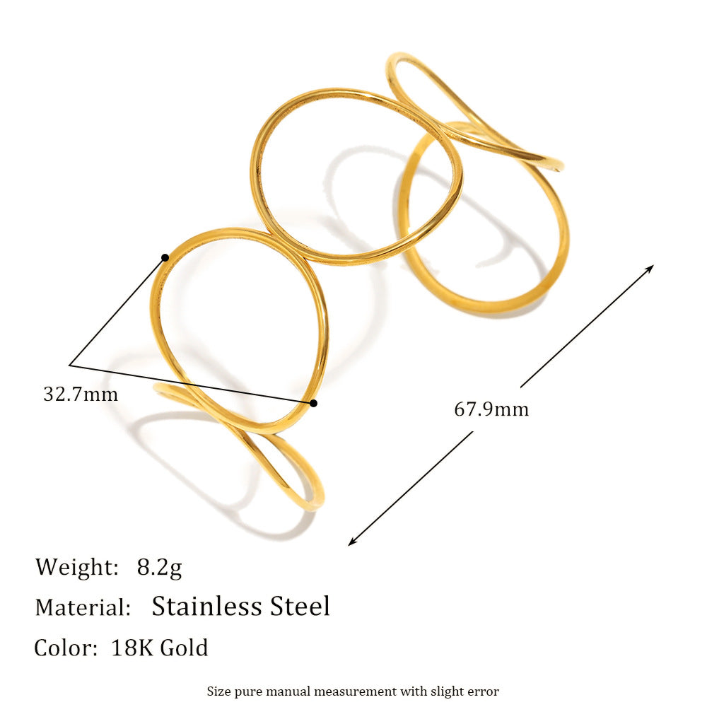 Minimalist Asymmetrical Double-Layer Stainless Steel Bracelet with 18K Gold Plating and Circular Floral Design for Women