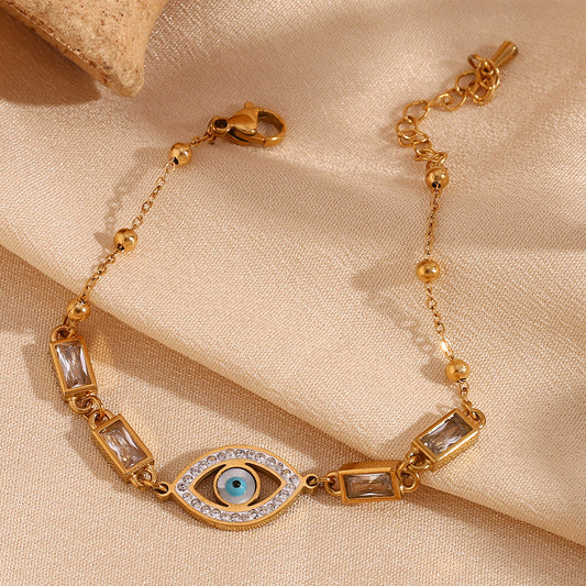 Pulsera geométrica de rectángulo de moda con circonita blanca de ojo turco de acero inoxidable con chapado en oro de 18 quilates para mujer