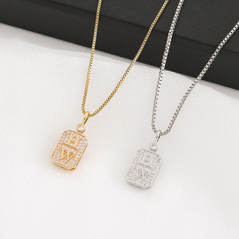 Minimalist Geometric HW Letter Pendant Necklace in Titanium Steel with Rhinestone Inlay and Plated Finish for Women