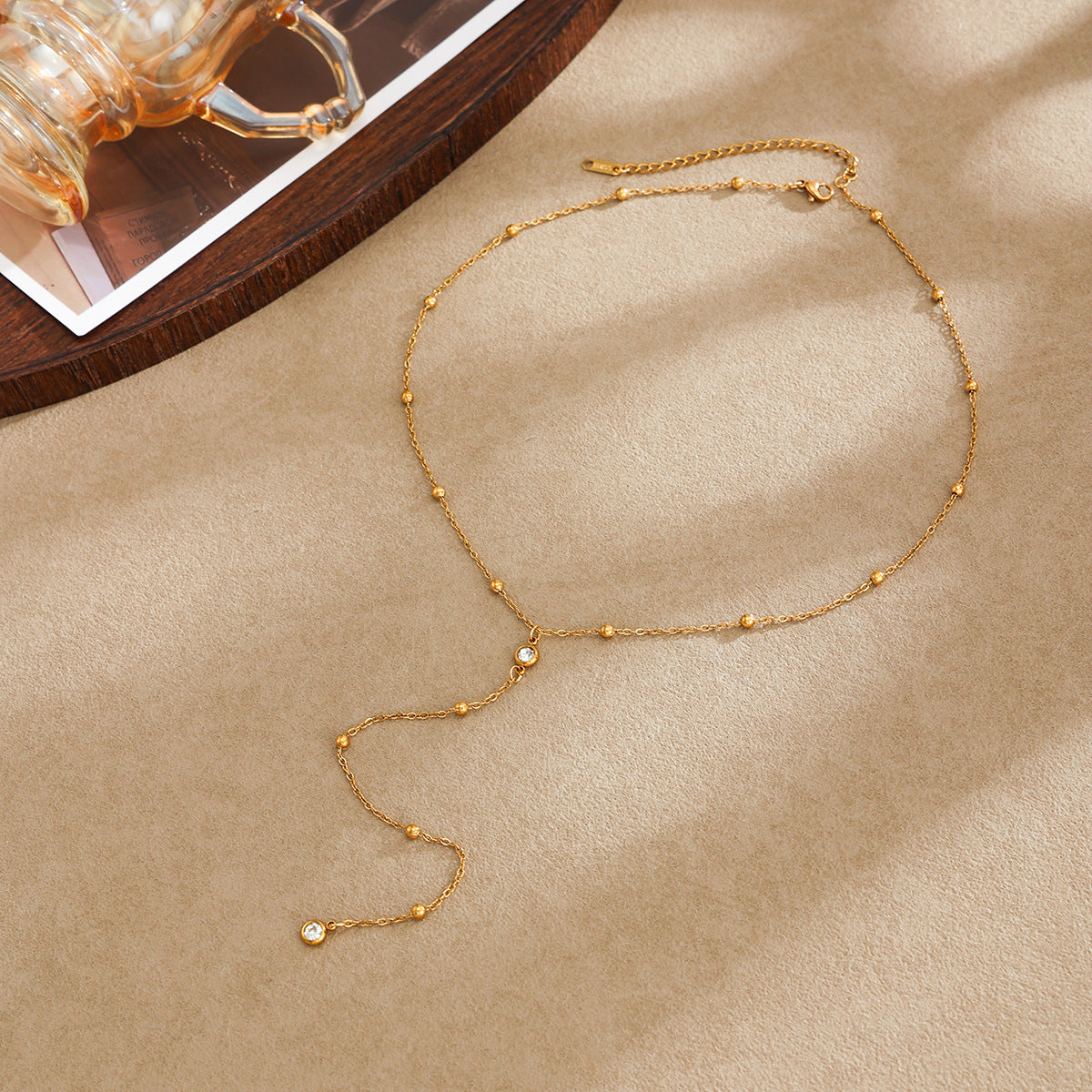 Minimalist 18K Gold Plated Geometric Round Rhinestone Y-Shape Stainless Steel Necklace for Women