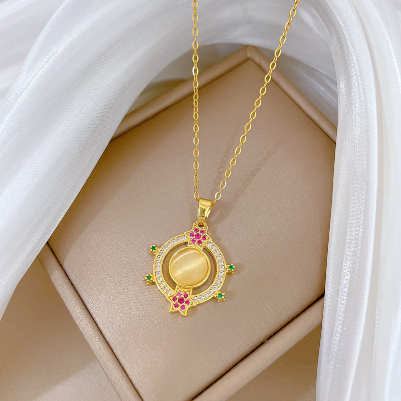 Cartoon Style Cat's Eye Round Hoop Necklace for Women Stainless Steel Minimalist Geometric Pendant with Rhinestone Accents