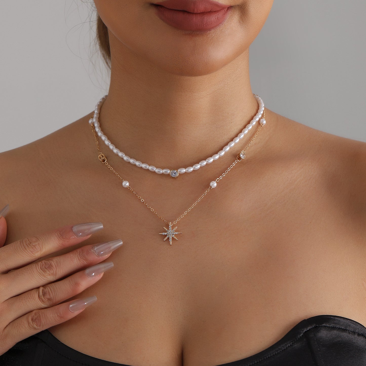Casual Geometric Star Rhinestone Plated Alloy Double Layer Necklace with Pearl for Women