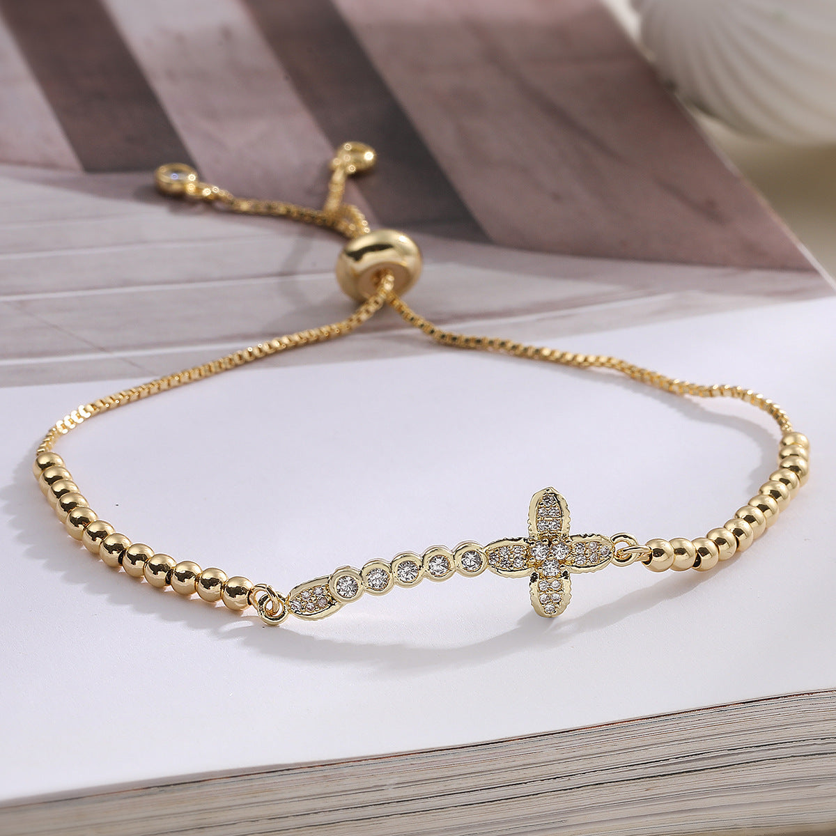 Elegant Minimalist Gold Plated Brass Floral Heart Geometric Bracelet with Cubic Zirconia Inlay for Women