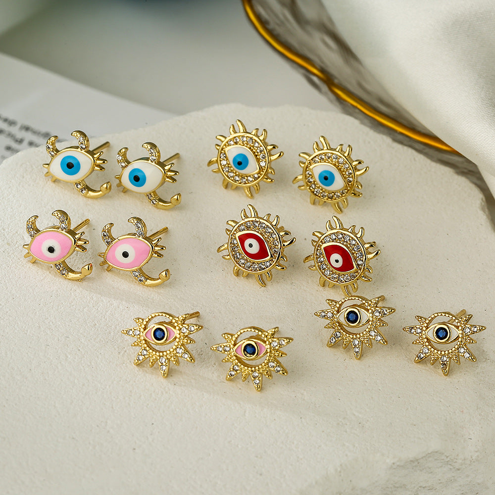 Geometric Demon Eye Earrings for Women with Copper Base Plated in 18K Gold and Enamel Finish, Micro-Paved Zirconia