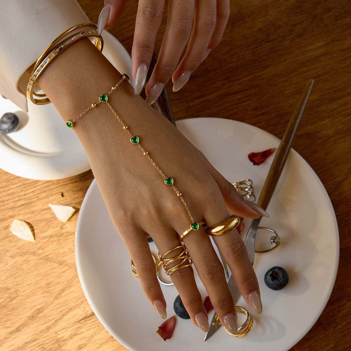 Minimalist Stainless Steel Plated Ring and Bracelet Set with Round Heart Teardrop Charms for Women