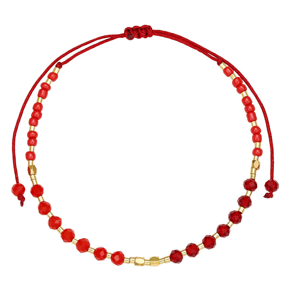 Fashion Geometric Glass Bead Handmade Bracelet with Red Cord and Gold Beads for Unisex