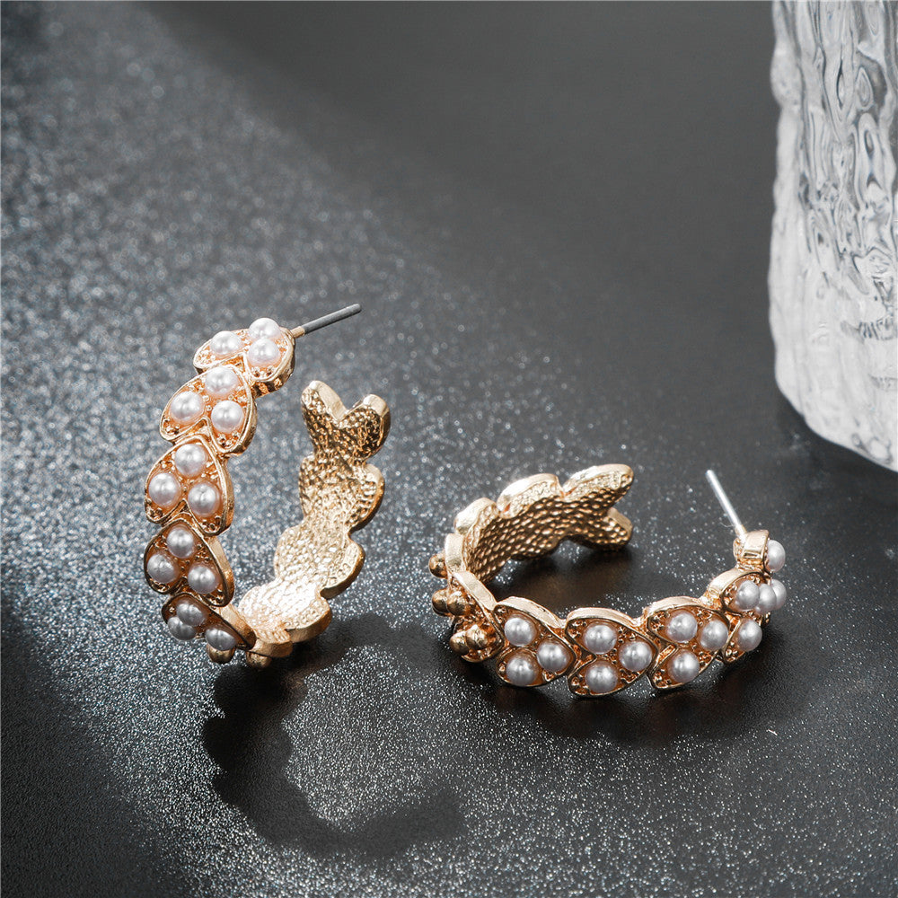 Minimalist Elegant Geometric Pearl Hoop Earrings for Women Alloy Electroplated Stainless Steel Ear Studs