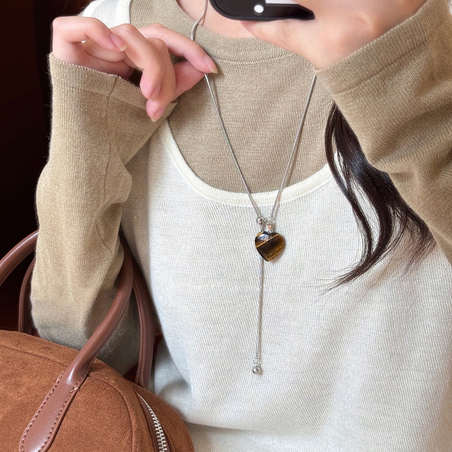 Collana con ciondolo geometrico minimalista in rame placcato da donna, catena maglione di lusso leggera