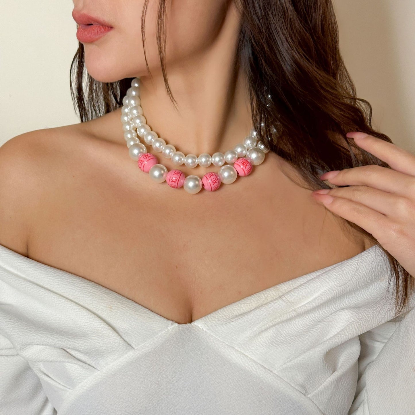 Minimalist Love Letter Pendant Necklace with Imitation Pearl Beads on Pearl Chain for Women