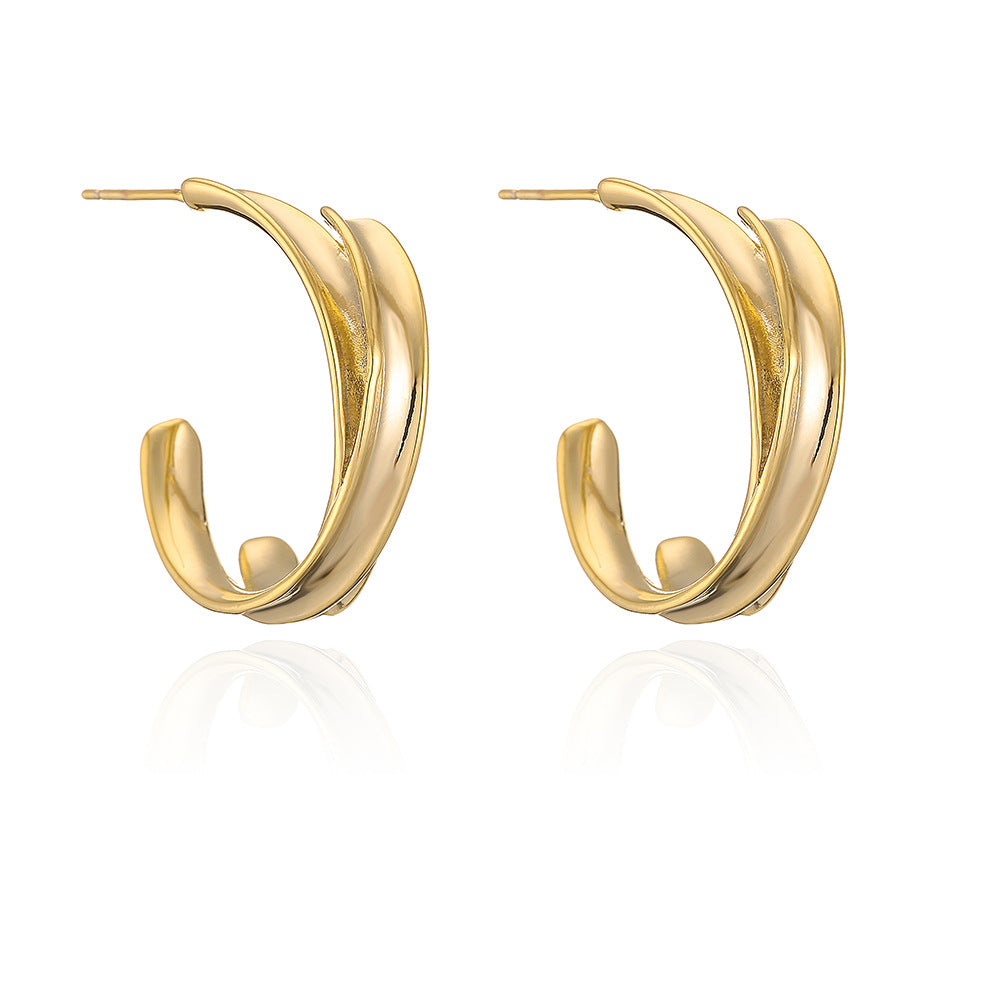 Minimalist Geometric C-Shaped Copper Earrings for Women with Gold Plating Hip-Hop Design
