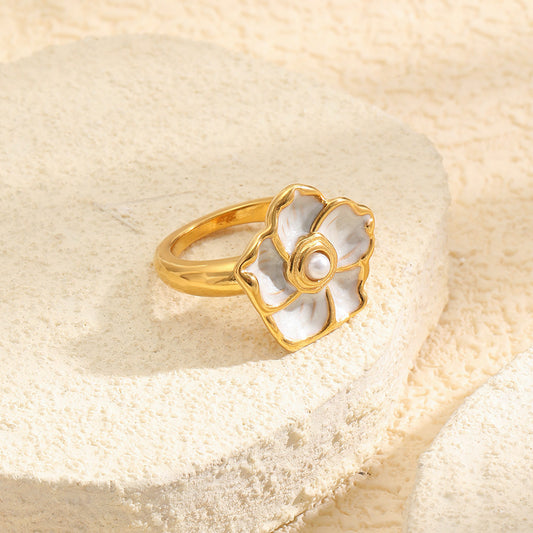 Anello in acciaio inossidabile placcato oro 18 carati con fiore a goccia, minimalista ed elegante, per donna