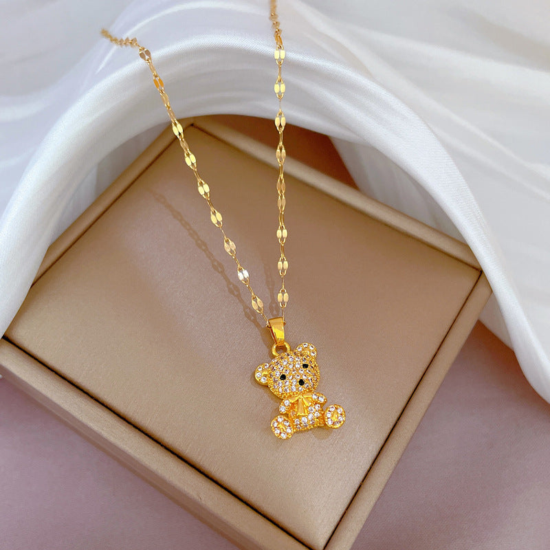 Elegant Titanium Steel Micro-Paved Bear Pendant Necklace for Women Geometric Locket Chain Delicate Clavicle Jewelry
