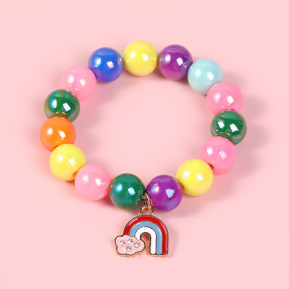 Pulsera de cuentas geométricas estilo dibujo animado para niñas con dije de esmalte en material de aleación para edades de 3 a 10+