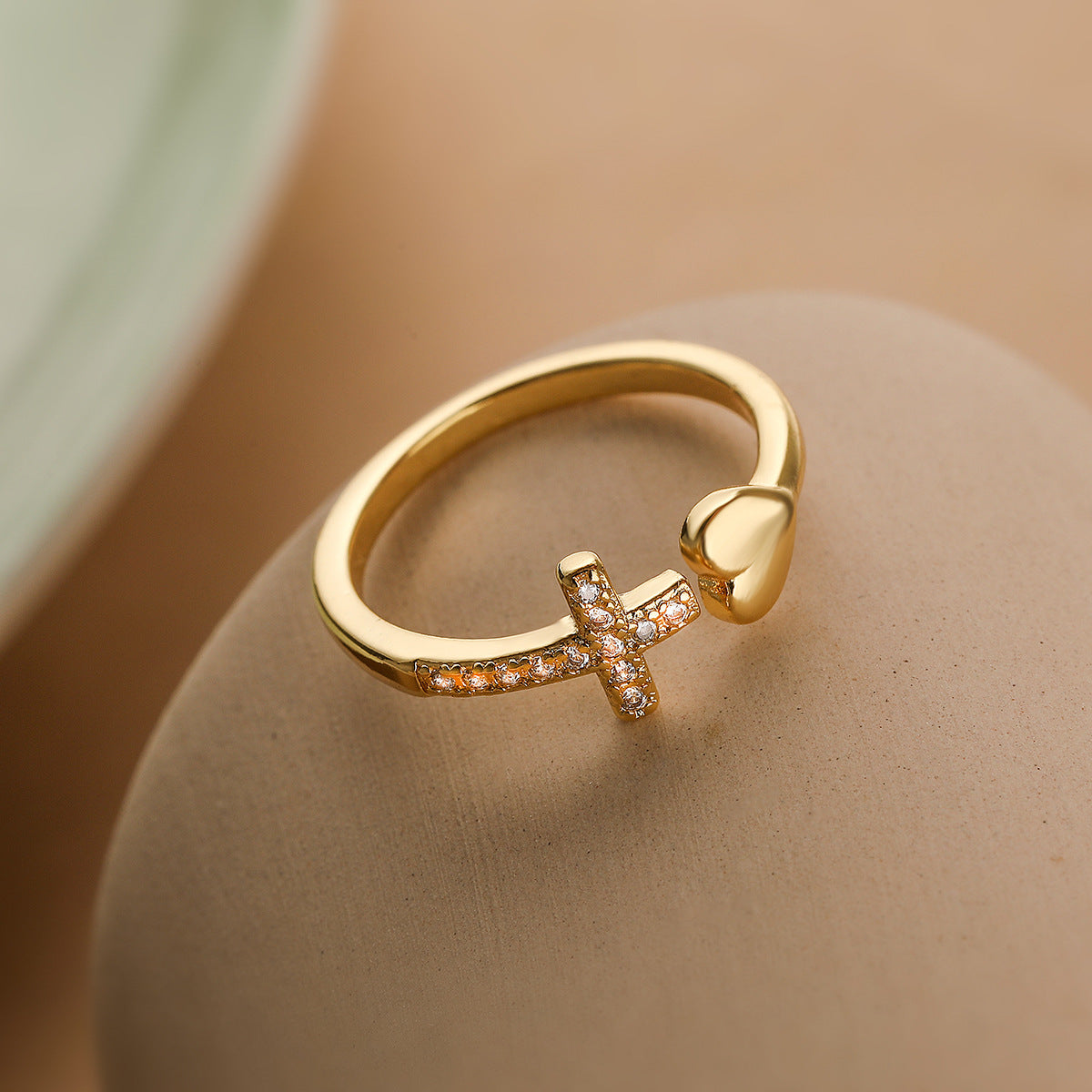 Minimalist Geometric Cross and Heart Shaped Copper Ring with Micro-Pavé Zirconia for Women