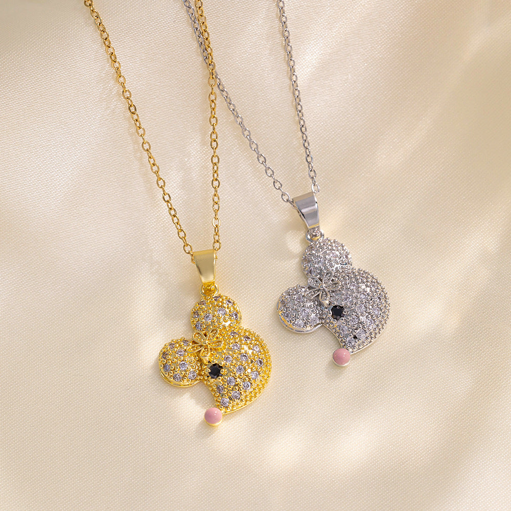 Collana con Ciondolo Topolino Floreale di Lusso per Donna, Catena a Serpente in Acciaio al Titanio con Intarsio di Strass