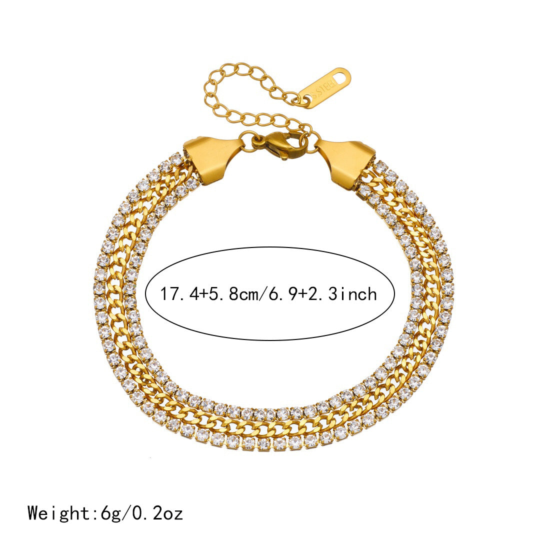 Minimalist Luxury Gold Plated Stainless Steel Rhinestone Chain Bracelet for Women