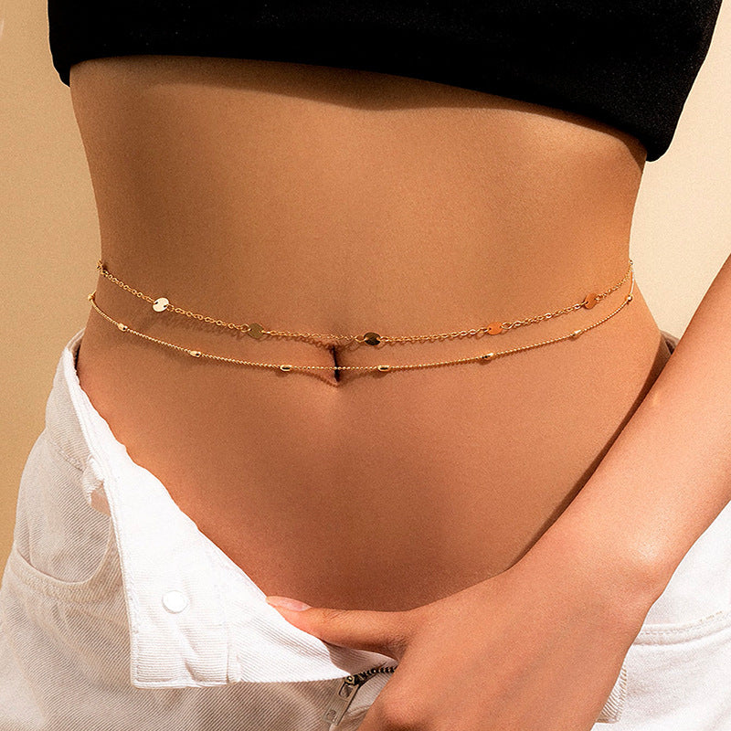 Vintage Casual Geometric Round Polished Brass Double Layer Body Chain with Tassel for Women