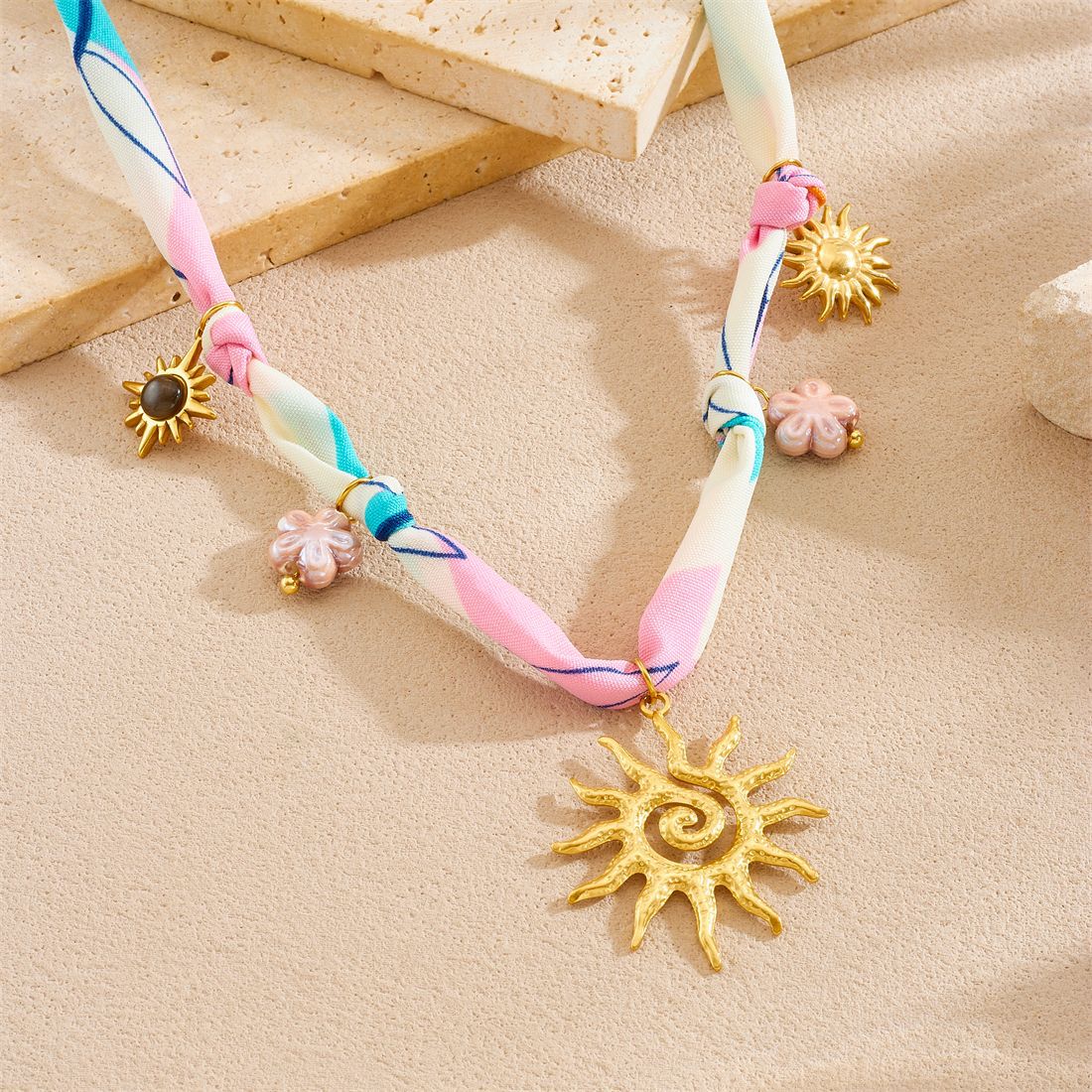 Sweet Tie-Dye Flower Sun Gold Plated Stainless Steel Tiger's Eye Pendant Necklace with Rope Chain