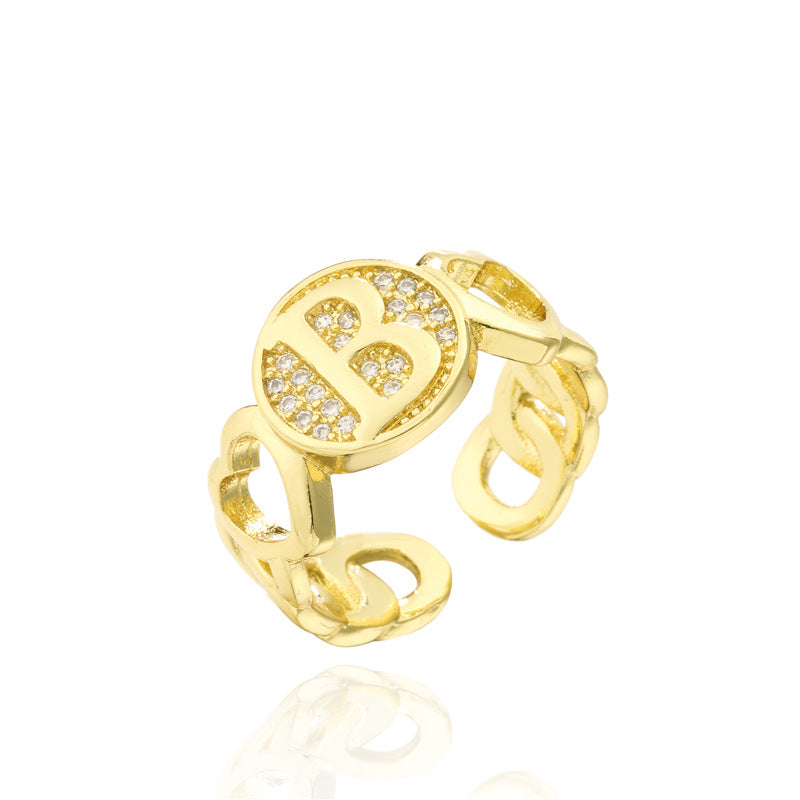 18K Gold Plated Brass Micro-Paved Cubic Zirconia Heart Letter Cuban Link Chain Open Ring for Women