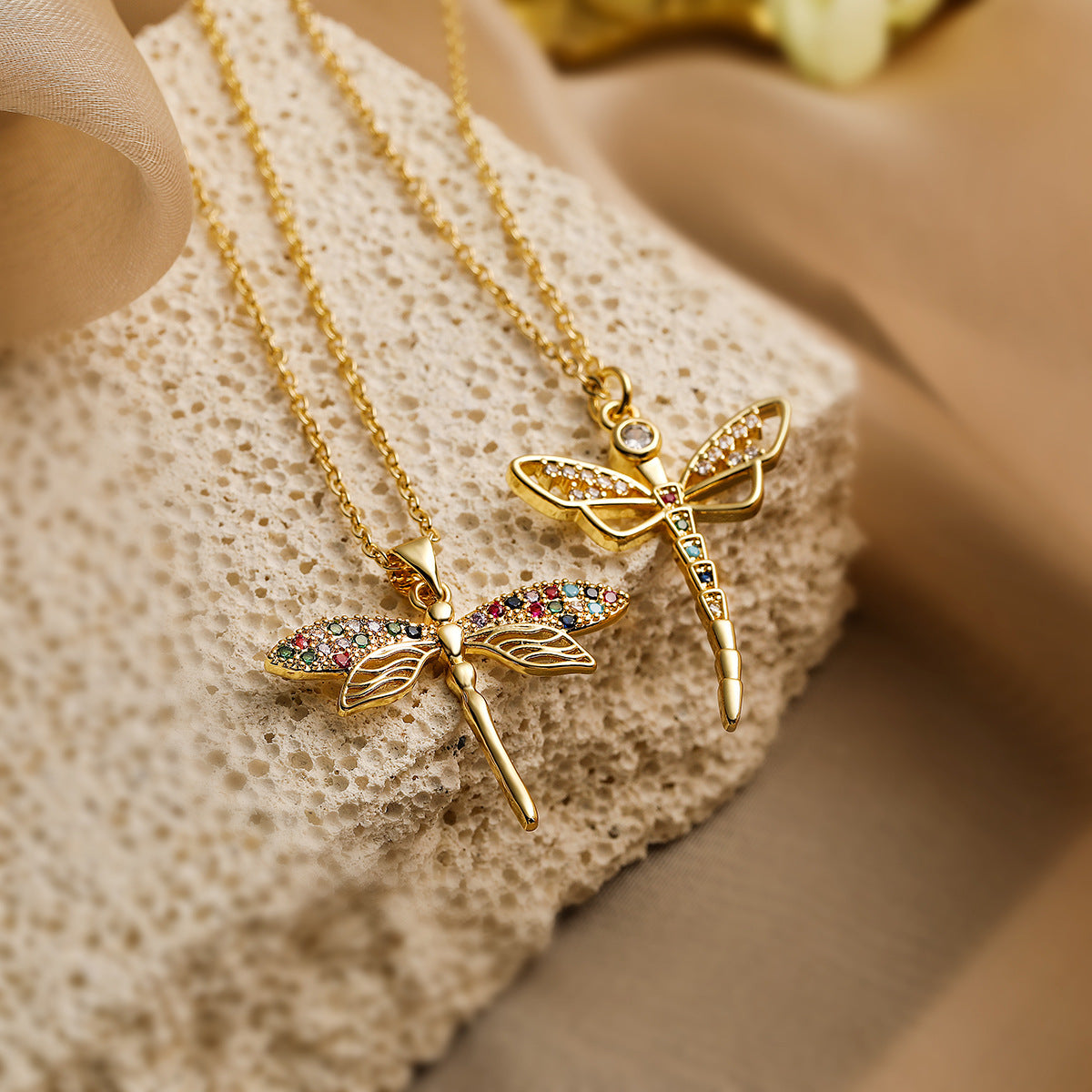 Minimalist Dragonfly Pendant Necklace for Women with Copper Base Plated in 18K Gold and Zircon Inlay