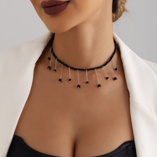 Gargantilla vintage con borlas negras, cristales, colgante para mujer con diseño geométrico y detalles de aleación galvanizada