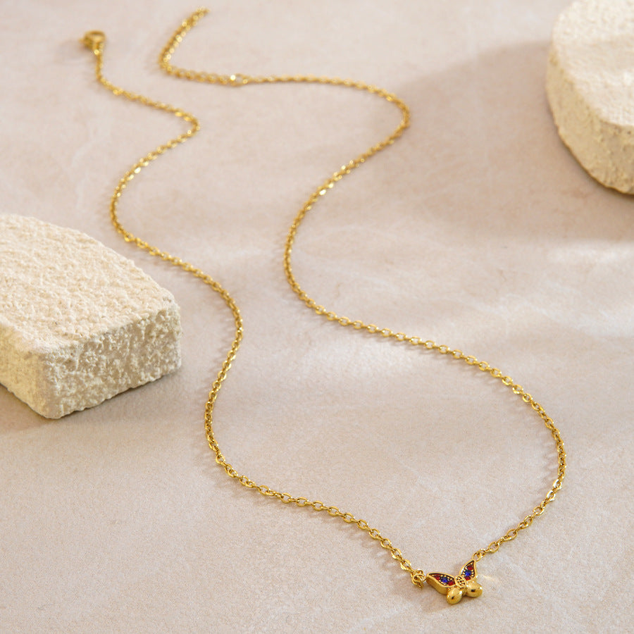 Parure Collana e Orecchini in Acciaio Inossidabile Placcato Oro 18K con Zirconi e Farfalla Elegante