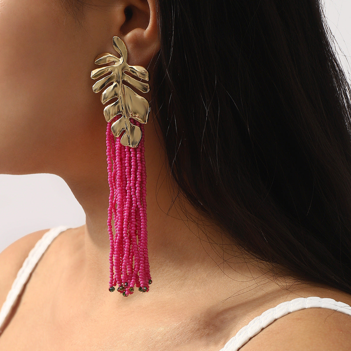 Bohemian Style Hand-Strung Beaded Tassel Long Leaf-Shaped Alloy Earrings for Women