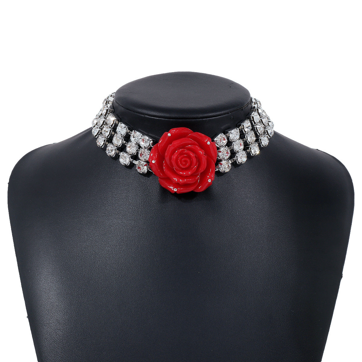 Collar con colgante de flor de rosa 3D dulce y atrevido con incrustaciones de diamantes de imitación sobre base de resina, cadena a la altura de la clavícula para mujer