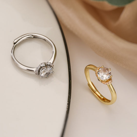 Minimalist Geometric Copper Ring with 18K Gold Plating and Cubic Zirconia, Adjustable Fashion Ring for Women