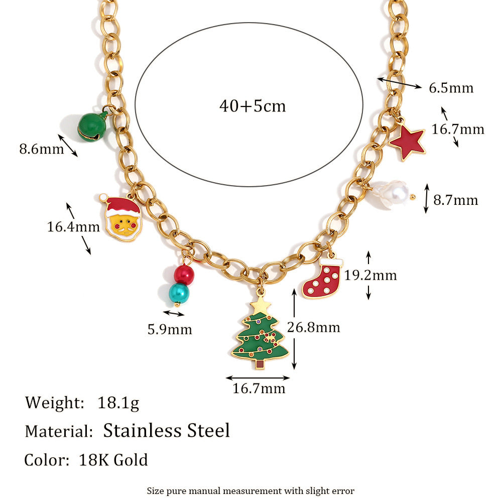 Cute Cartoon Christmas Tree Pendant Necklace for Women Stainless Steel with 18K Gold Plating Handmade Chain
