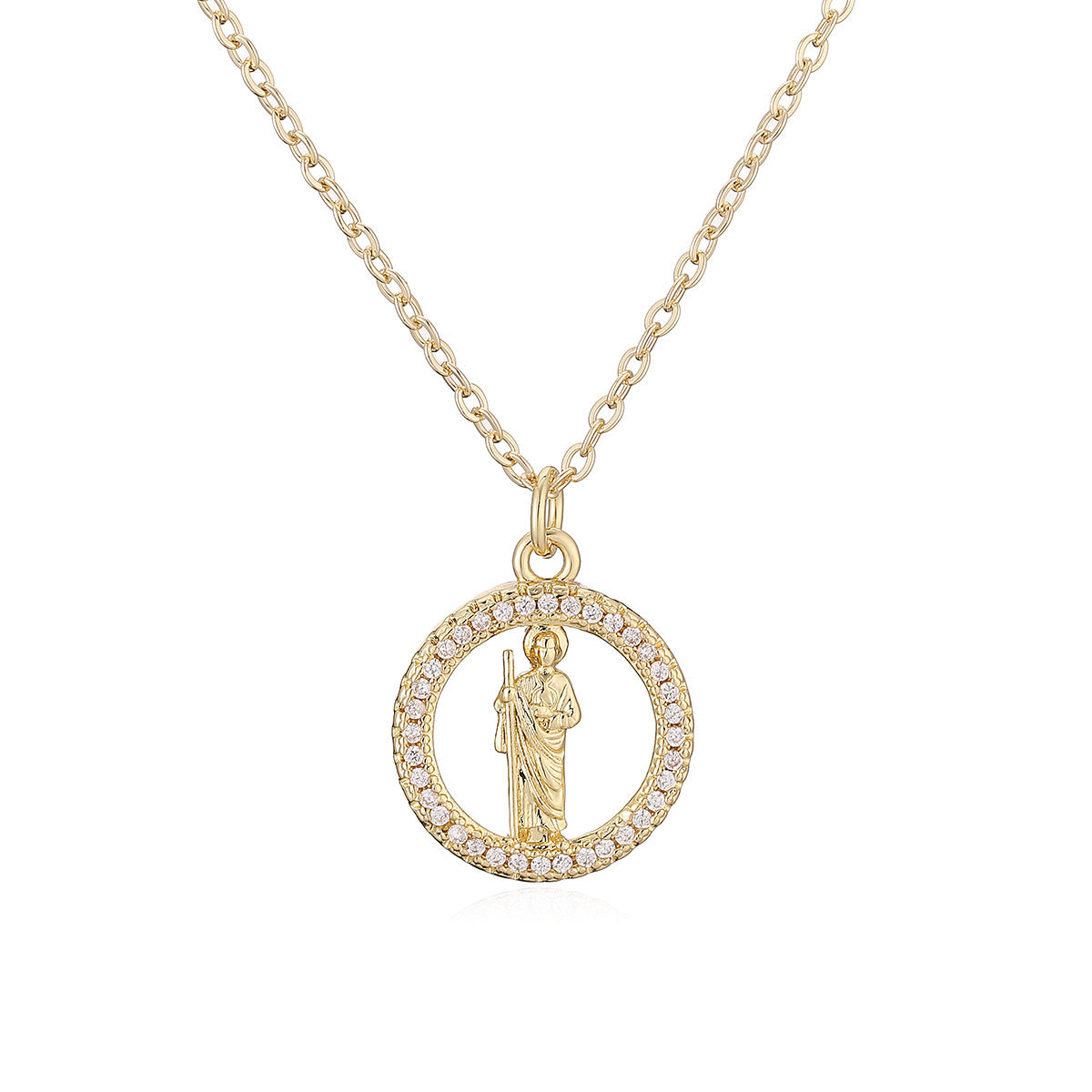 Minimalist 18K Gold Plated Brass Round Geometric Cubic Zirconia Pendant Necklace