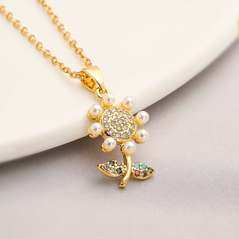 Minimalist Sunflower Pendant Necklace for Women with Copper Base Plated in 18K Gold, Zircon and Pearl Inlay, Floral Geometric Design
