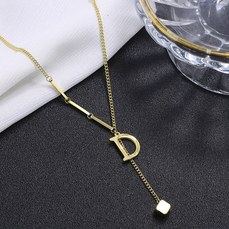 Minimalist Letter D Pendant Necklace in Titanium Steel with Real Gold Plating for Women