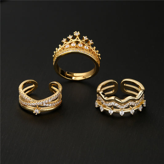Geometric Gold Plated Brass Micro-Pave Cubic Zirconia Open Ring for Women