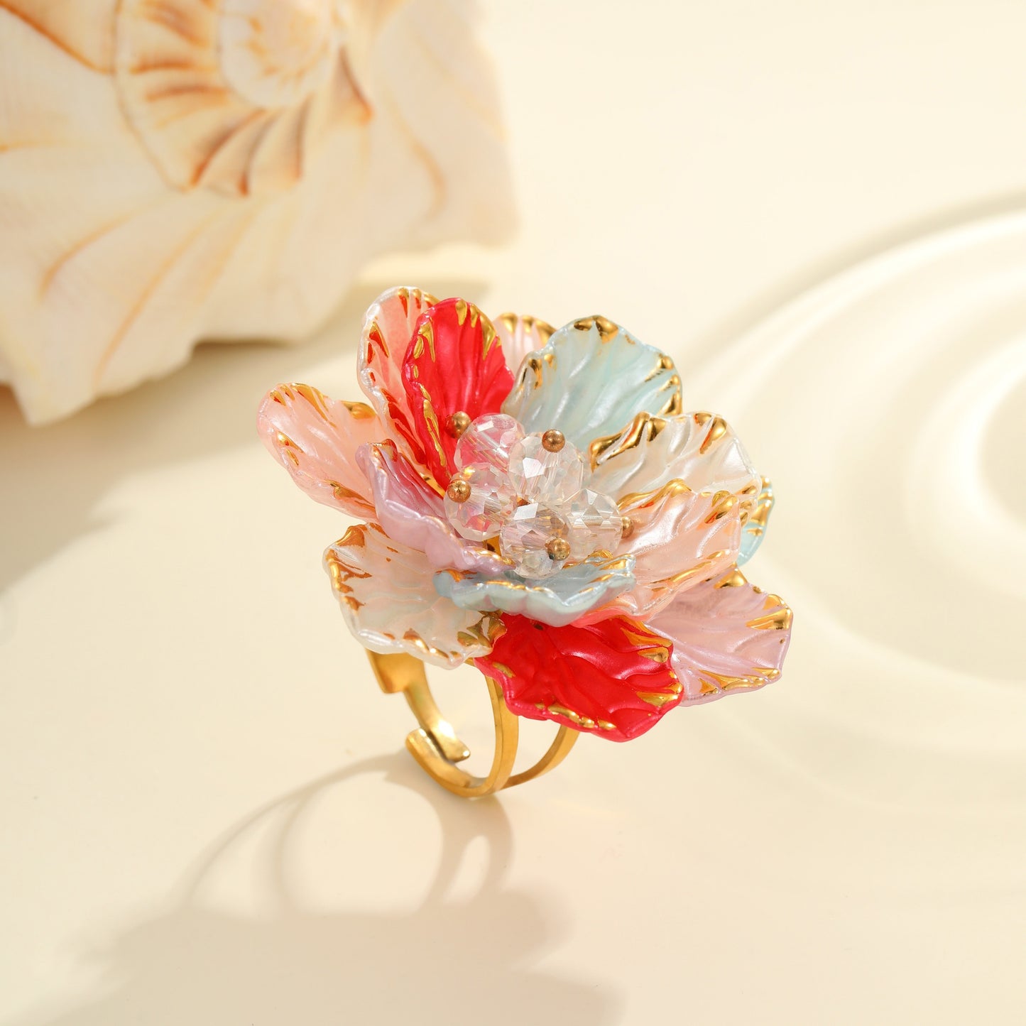 Dopamine Colorful Floral Stainless Steel Adjustable Ring for Women with Plated Finish
