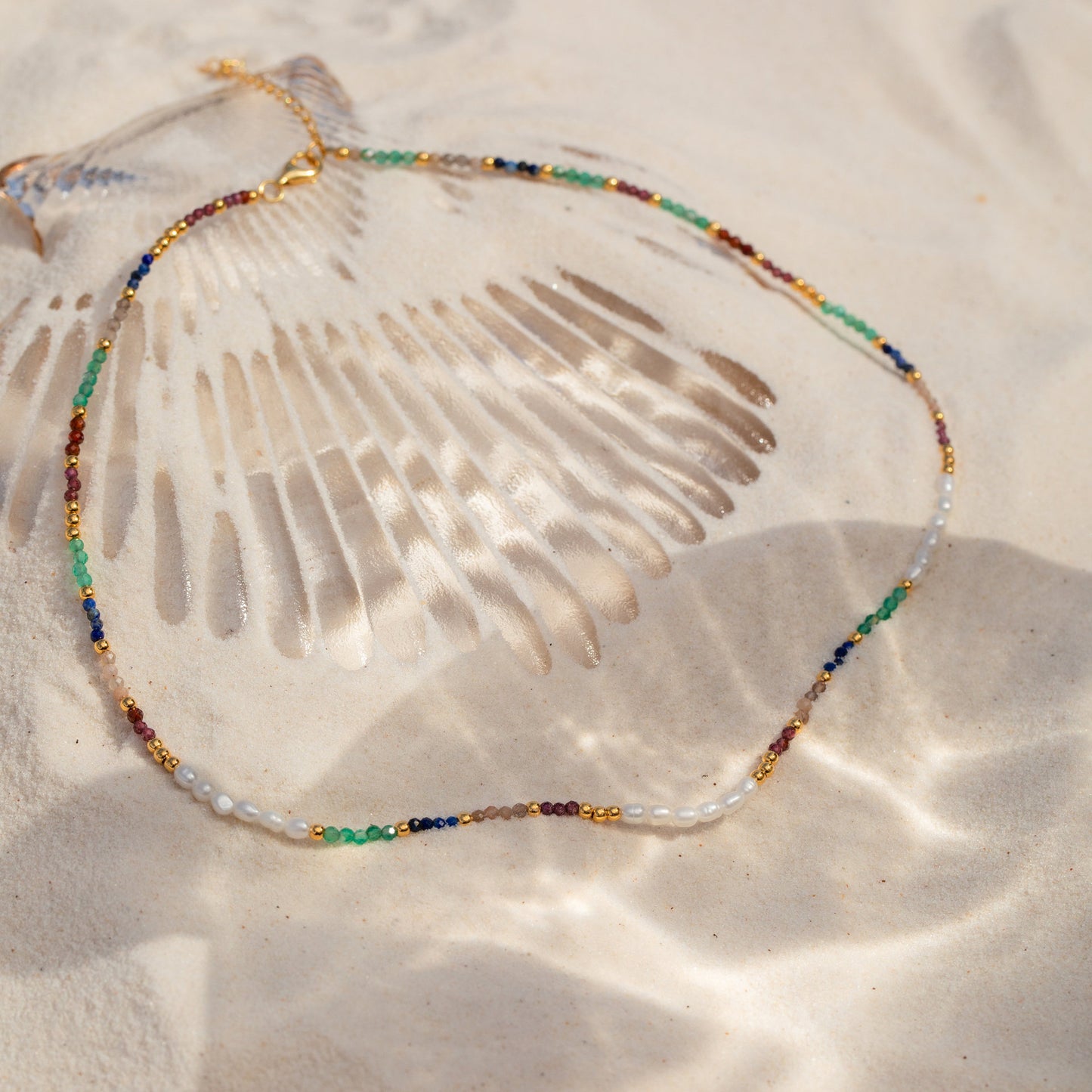 Geometric Colorful Gemstone and Freshwater Pearl Beaded Necklace Stainless Steel Plated Curb Chain for Women